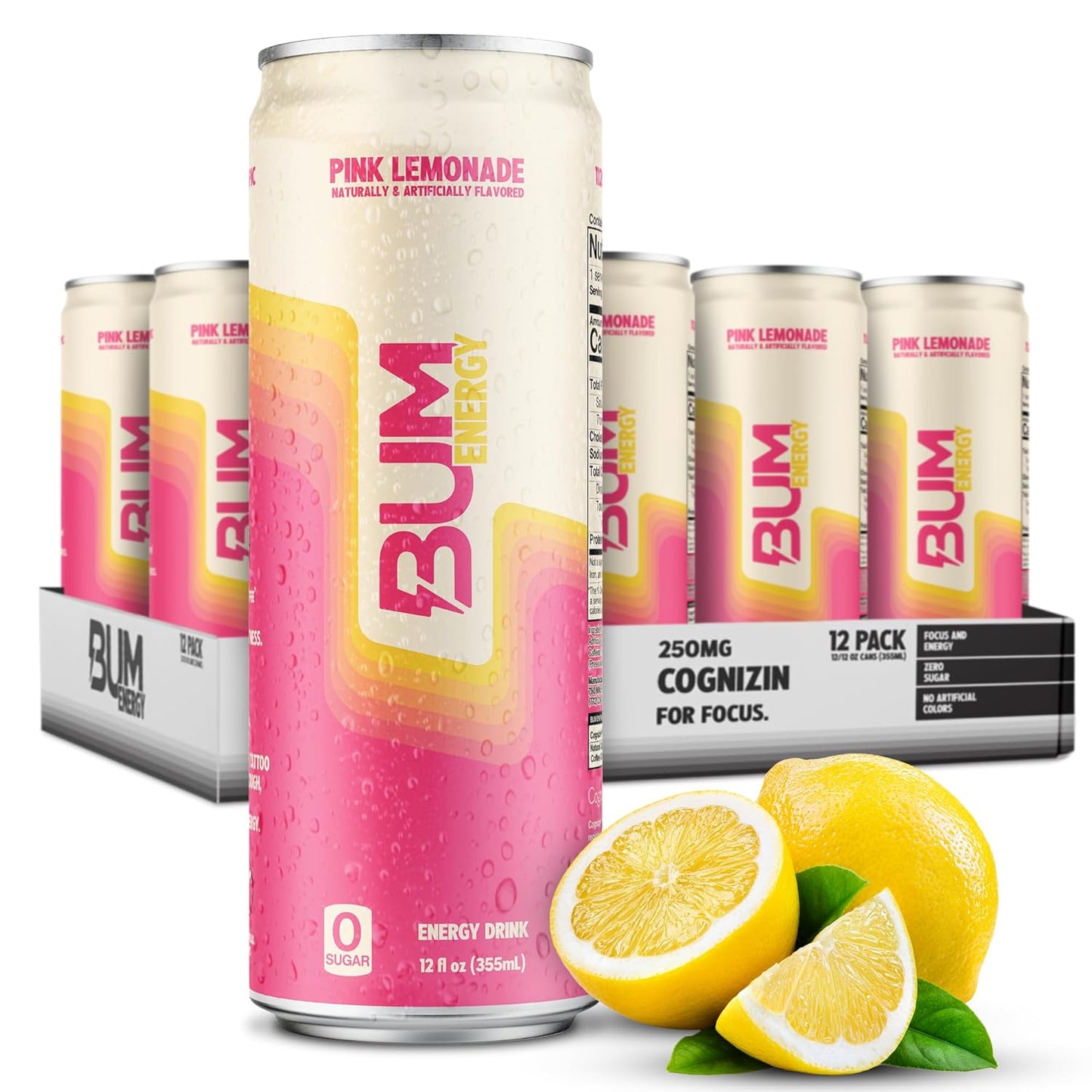 BUM Sugar-Free Energy Drink, Pink Lemonade - Lightly Carbonated & No Artificial Colors, Natural Caffeine & Citicoline for Energy & Focus, Brain Boost & Workout Sports Beverage - 12 oz, Pack of 12