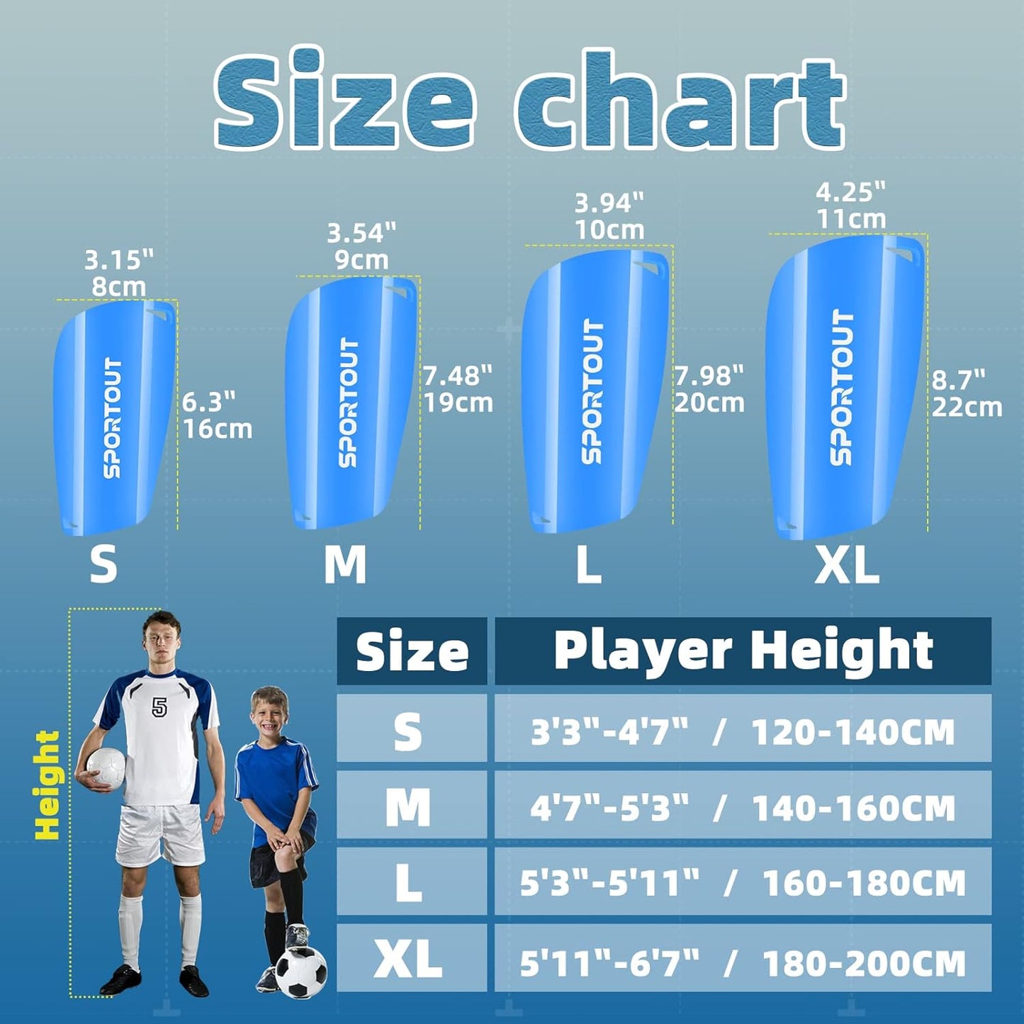 Sportout Soccer Shin Guards - Shin Guards Soccer Kids Youth Adult Protective Shin Pads with Sleeves and Insert Pocket for Boys Girls for Age 4-6, 6-8, 8-10,10-12,12-14,14-Adult