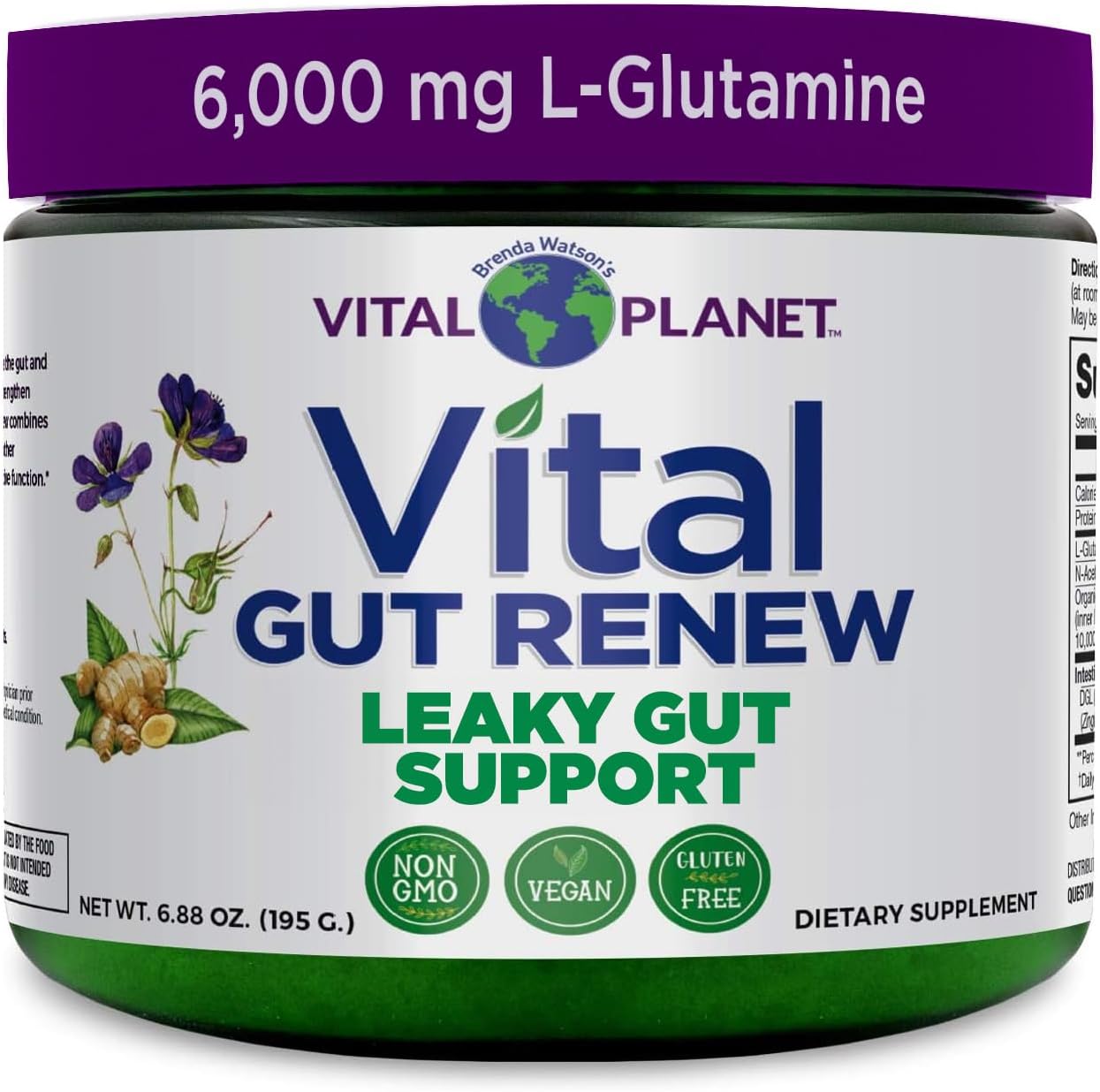 Vital Planet - Vital Gut Renew Powder Supplement for Leaky Gut Repair with L-Glutamine, Marshmallow and Ginger Root, DGL Licorice Root and Organic Aloe Vera, L Glutamine 6000mg 6.88 oz