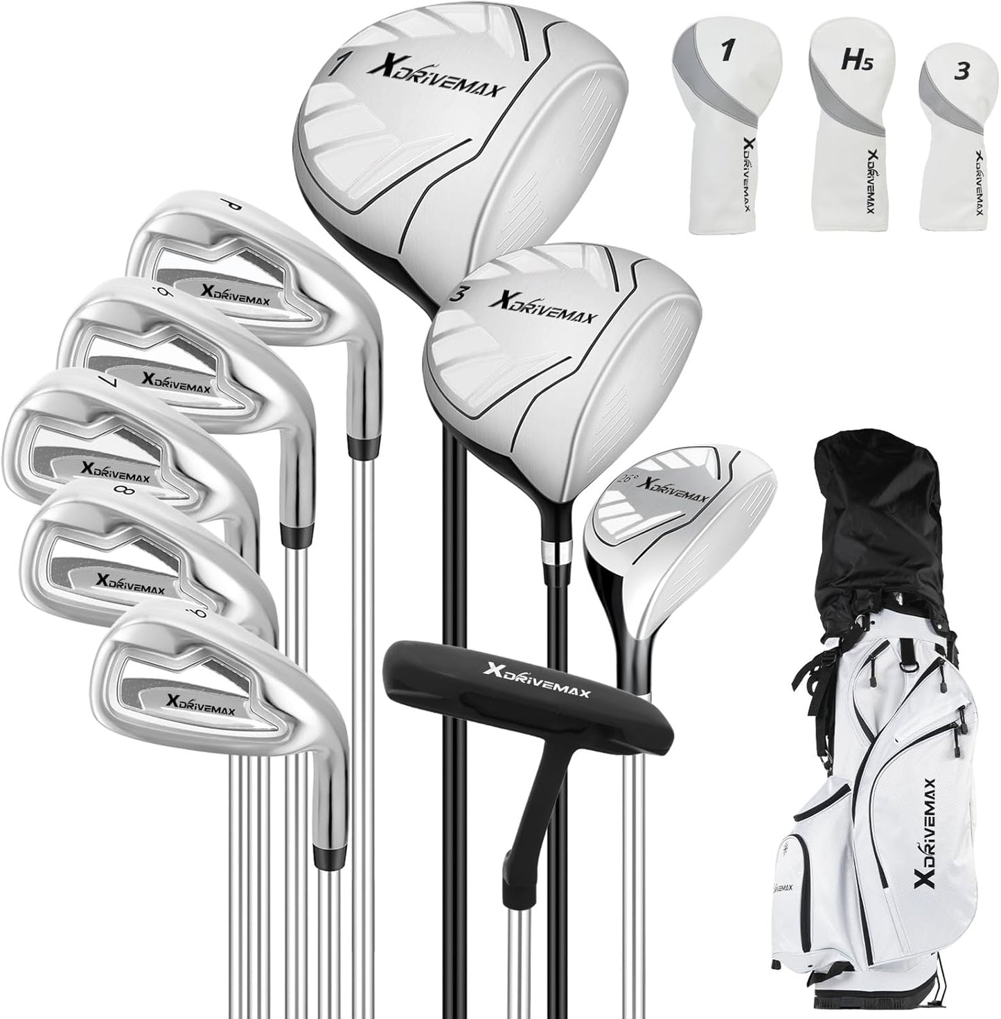 10 Pieces Complete Mens Womens Golf Clubs Set Right Hand for Men Women Includes Stand Bag with Rain Hood, 1#Driver 3#Wood #5 Hybrid,with 3 Head Covers, 6# 7# 8# 9# PW# Irons and Putter