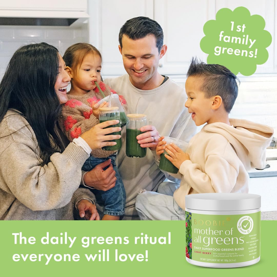 Boobie Mother of All Greens | Your New Family Ritual, Daily Super Greens Powder with 35+ Essential Nutrients for Moms & Families | Vegan, Gluten Free, & Sugar Free | Light Berry Flavor, 30 svgs