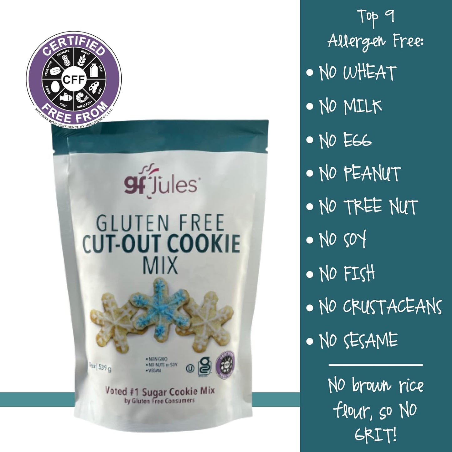 gfJules Certified Gluten Free Cut Out Cookie Baking Mix | Tollhouse Style | Bars or Cookies | No Grit, Non-GMO, Vegan | Certified Top 9 Allergen-Free & Kosher | Make 36 Sugar Cookies | 19 Ounces