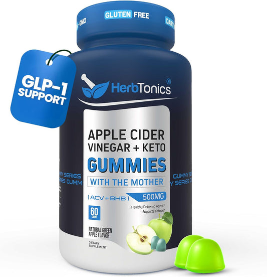 Herbtonics Keto Apple Cider Vinegar Gummies | Digestion & Detox | GLP-1 Support | Sugar Free BHB Advanced Formula for Keto Support - Raw ACV with The Mother - 60 Vegan ACV Gummies