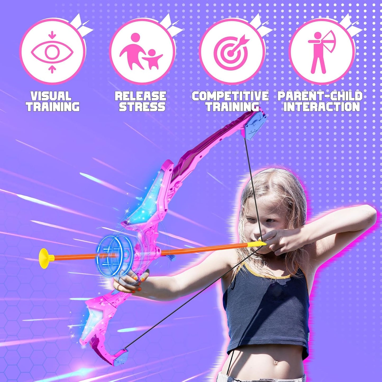 2 Pack Kids Bow and Arrow, 20 Suction Cup Arrows, 2 Archery Targets&Quiver, Light-up Set for Kids Ages 4-8 8-12, Indoor Outdoor Toys for Boys Girls, (Black & Pink)