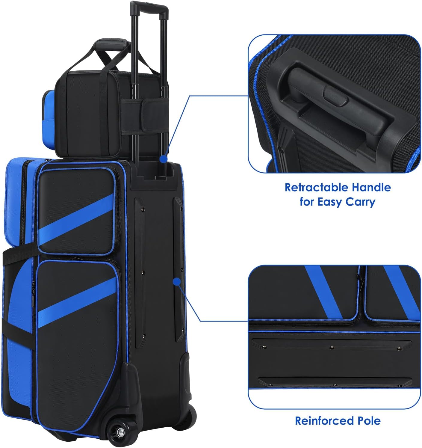 4 Ball Bowling Bag with Wheels, Bowling Bag 4 Ball Roller with Multi-pocket & Shoe Compartment & Retractable Handle, 3 Ball Roller Bag + 1 Ball Color Matching Add On Tote