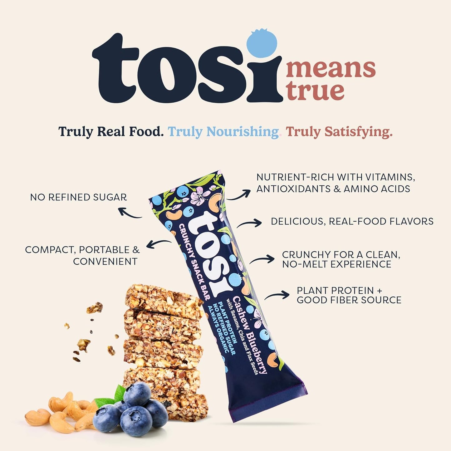 Tosi Cashew Blueberry Protein Bars - Crunchy Nut & Seed Vegan Snack Bars, Gluten Free, 6g Plant Based Protein, Organic Flax, Chia, Sesame Seeds, Omega 3s, Low in Sugar, No Soy - 1 oz, 12-Pack