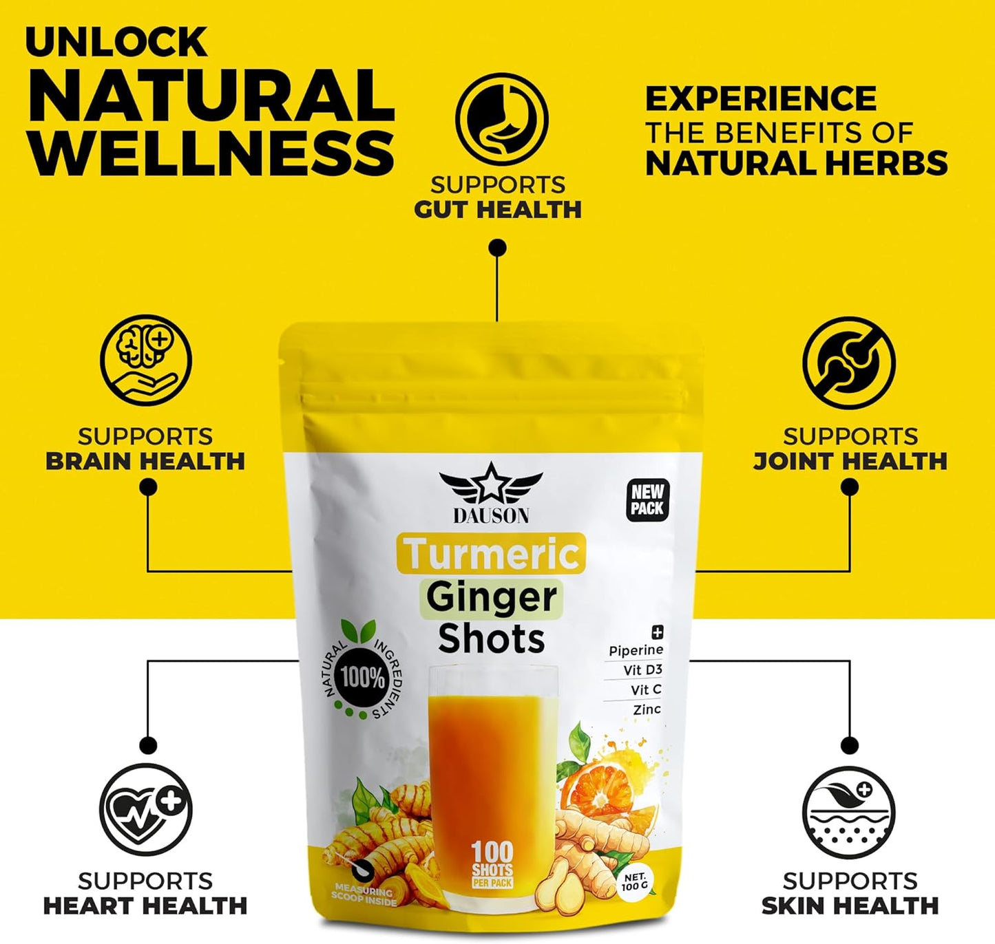 Turmeric Ginger Supplements with Piperine, Vitamin C, Vitamin D3 & Zinc | Turmeric Ginger Shots for Joint, Heart, Brain, Gut & Skin Health | 100 Servings | Ayurvedic | Powder
