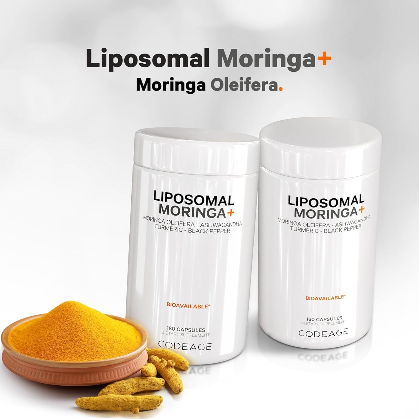 Codeage Liposomal Moringa+ Supplement, 400mg Moringa 50:1 Extract - 20,000mg Moringa Oleifera Leaf Equivalent - Turmeric, Ashwagandha, Black Pepper, 3-Month Supply, Vegan Moringa Powder - 180 Capsules