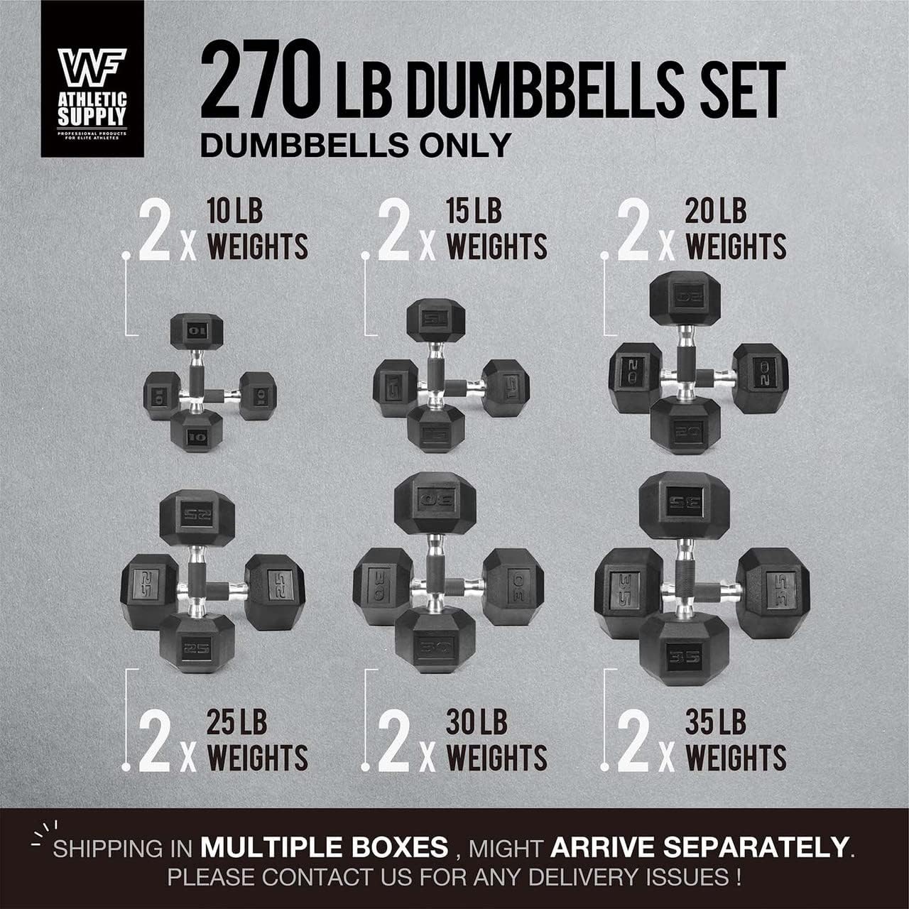 WF Athletic Supply Rubber Encased Hex Dumbbells with Rubber Grip Contoured Handle for Muscle Toning, Strength Building & Full Body Workout