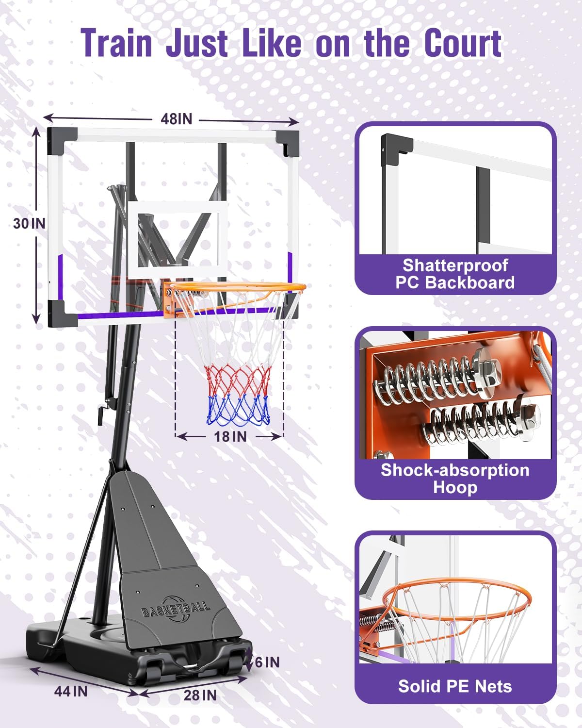 TONBUX Basketball Hoop Outdoor 44/48 Inch Shatterproof PC Backboard, 5.25-10FT Stepless Adjustable Height, Portable Basketball Hoop for Kids/Teens/Adults in Backyard, Driveway and Indoor