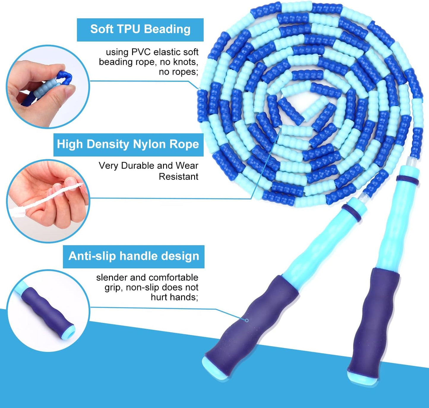 GRAWUN Jump Rope For Kids, Soft Beaded Jump Rope, Adjustable Length Tangle-Free Segmented Soft Beaded Skipping Rope，for Women, Men and Kids Keeping Fit, Workout and Weight Loss