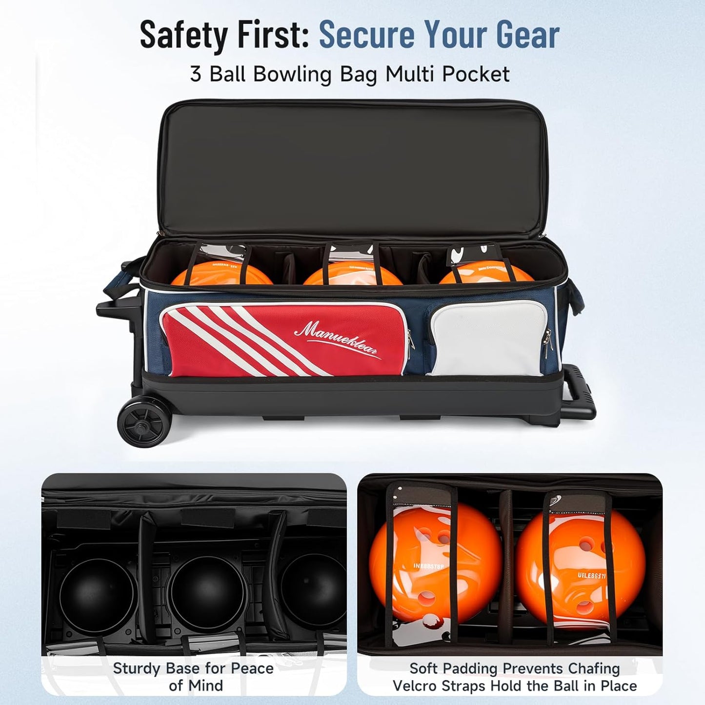 MANUEKLEAR 3 Ball Bowling Bags with Wheels, Bowling Ball Bag 3 Ball Roller with Accessory Pockets and Shoe Compartment