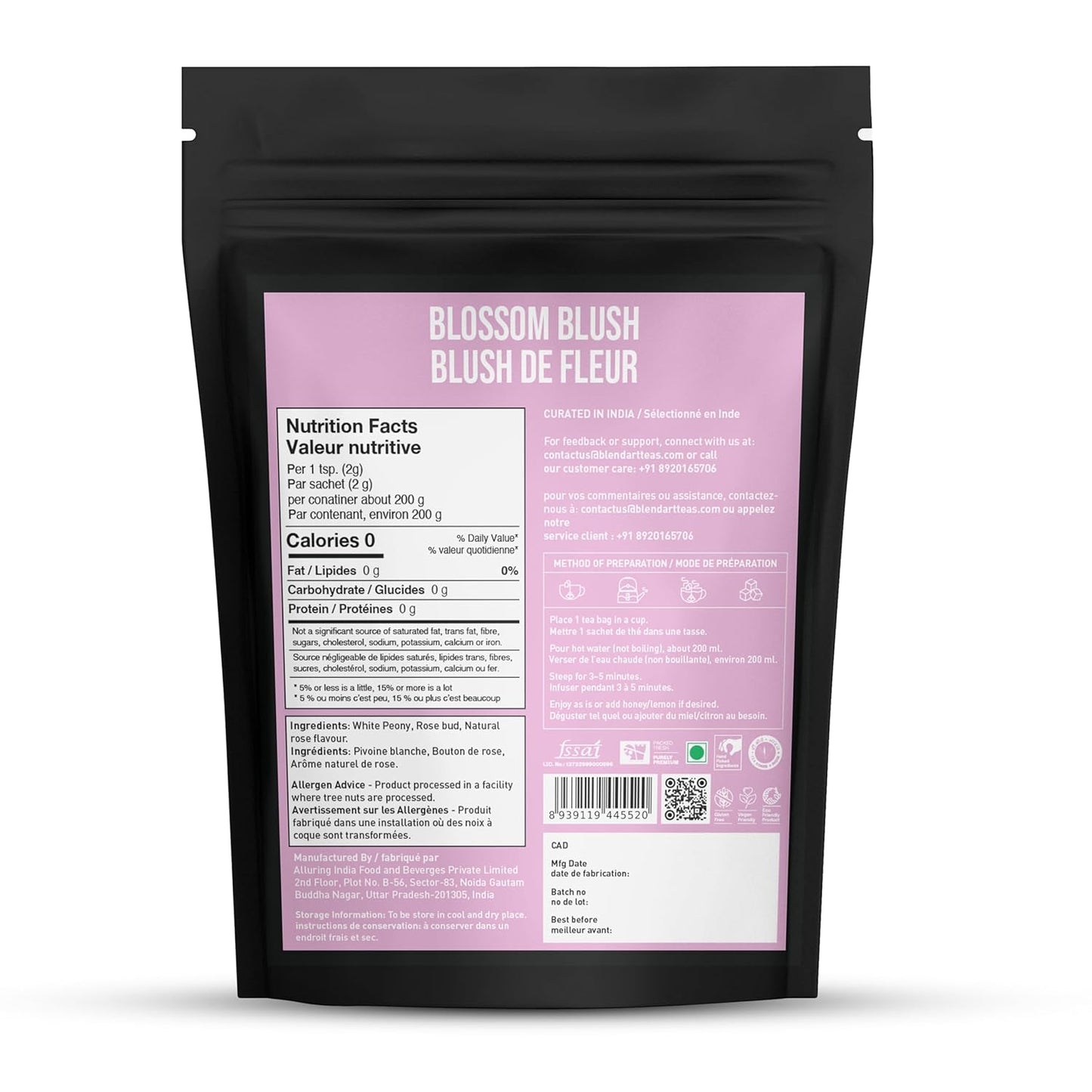 Blendart Blossom Blush Rose White Tea Bags Delicate Caffeinated Tea Made from Fresh Leaves. Natural Premium White Tea Bags -100 Pyramid Tea Bags