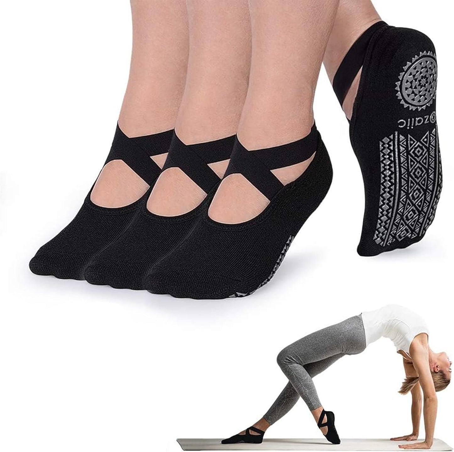 Ozaiic Yoga Socks for Women Non-Slip Grips & Straps, Ideal for Pilates, Pure Barre, Ballet, Dance, Barefoot Workout