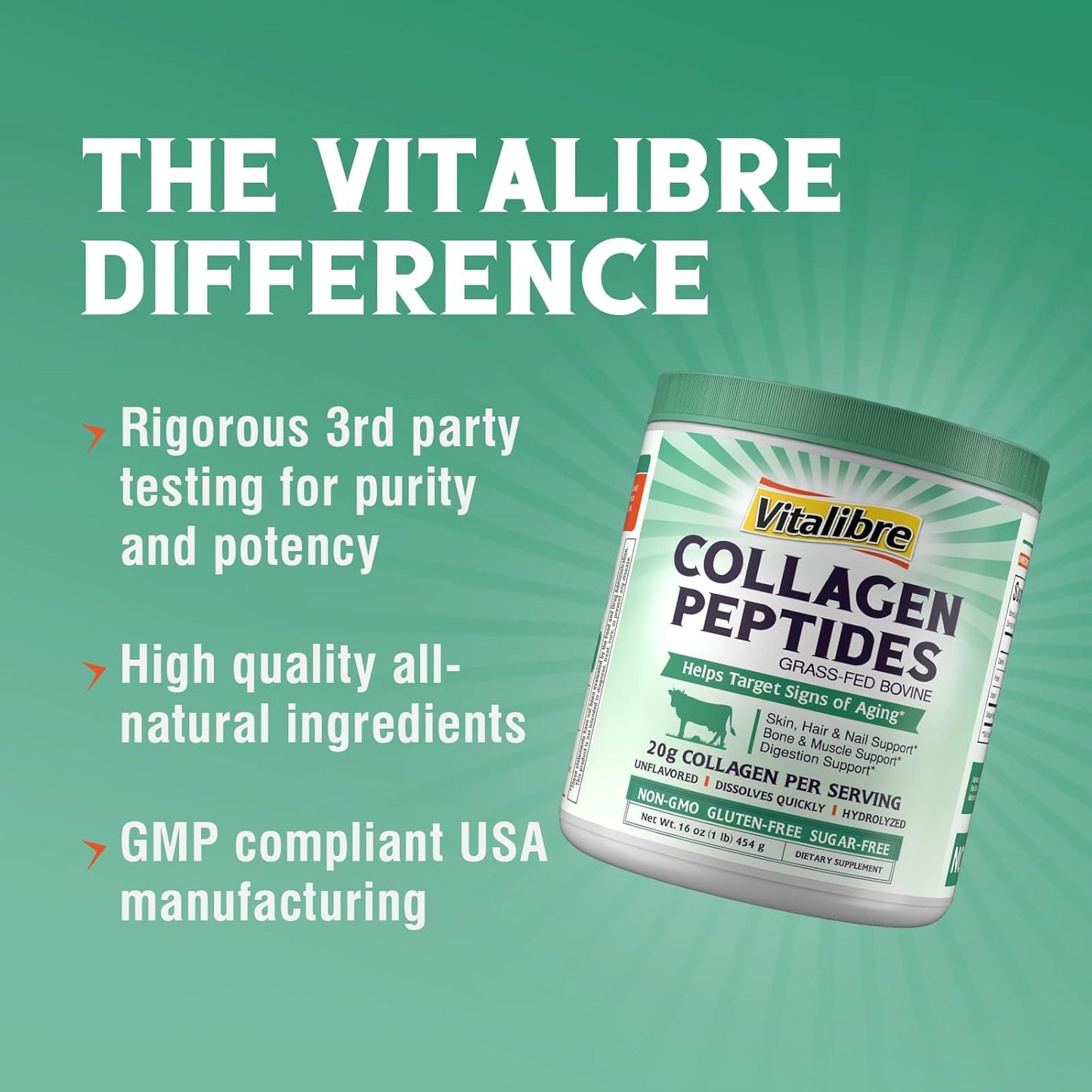 Bovine Collagen Peptides Powder for Women and Men, Grass-Fed Hydrolyzed Collagen Protein Type I & III, Skin, Hair, Nails, Bones, Digestion, Unflavored, Non-GMO, Keto & GF, 22 Servings, 16oz