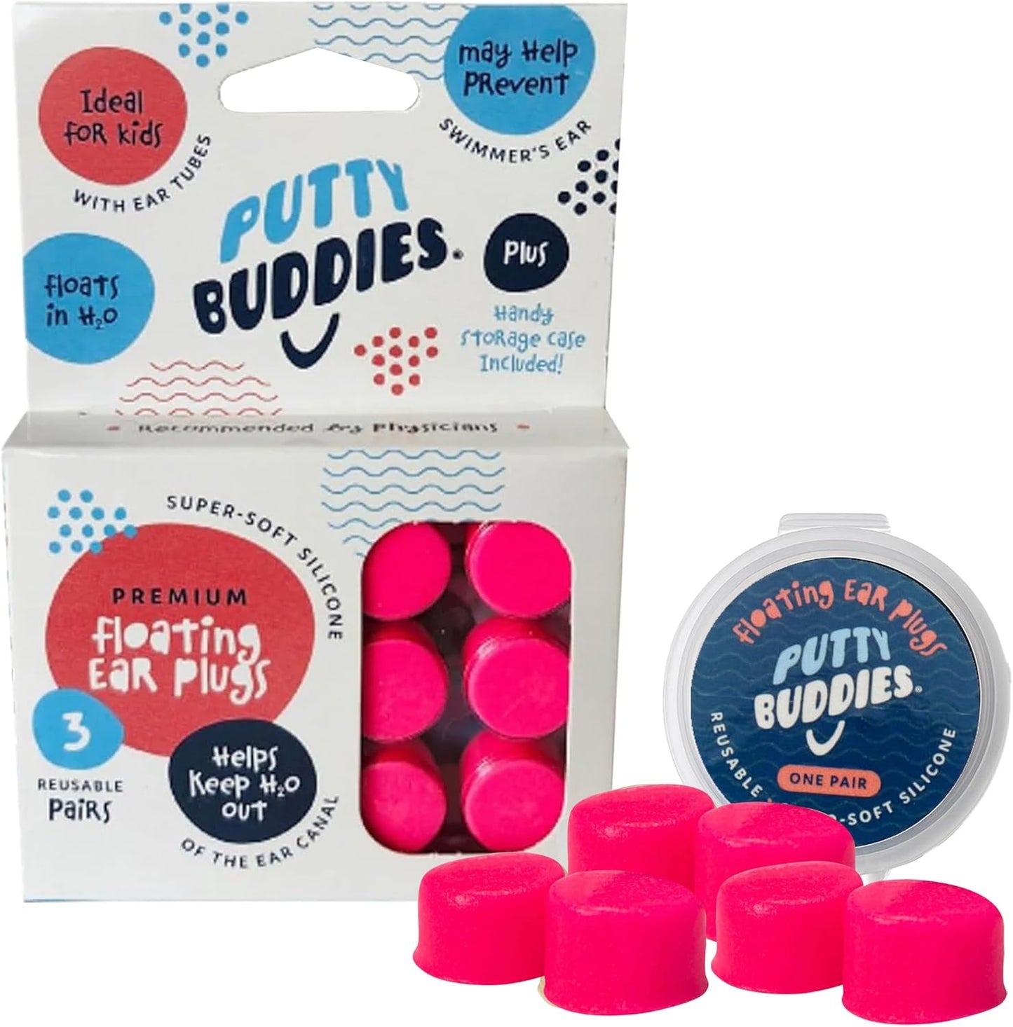 Earvolution Floating Putty Buddies Ear Plugs for Swimming - Invented by an Ear Physician - Moldable, Premium, Silicone - Floats on Water - Waterproof - Made in The USA - 3 Pack - Hot Pink
