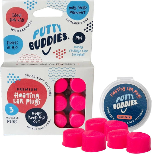Earvolution Floating Putty Buddies Ear Plugs for Swimming - Invented by an Ear Physician - Moldable, Premium, Silicone - Floats on Water - Waterproof - Made in The USA - 3 Pack - Hot Pink