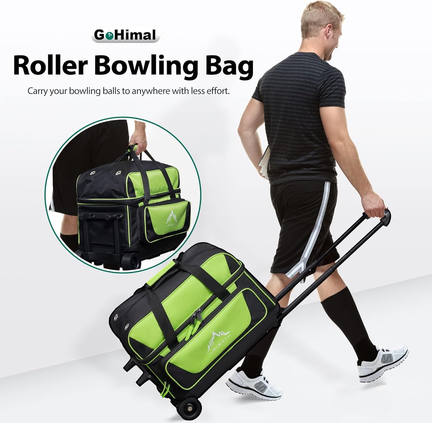 Double Roller 2 Ball Bowling Bag with Separate Shoe Compartment for Bowling Shoes (Up To US Mens Size 15) and Oversized Accessory Pocket, Retractable Handle - Extends to 40"