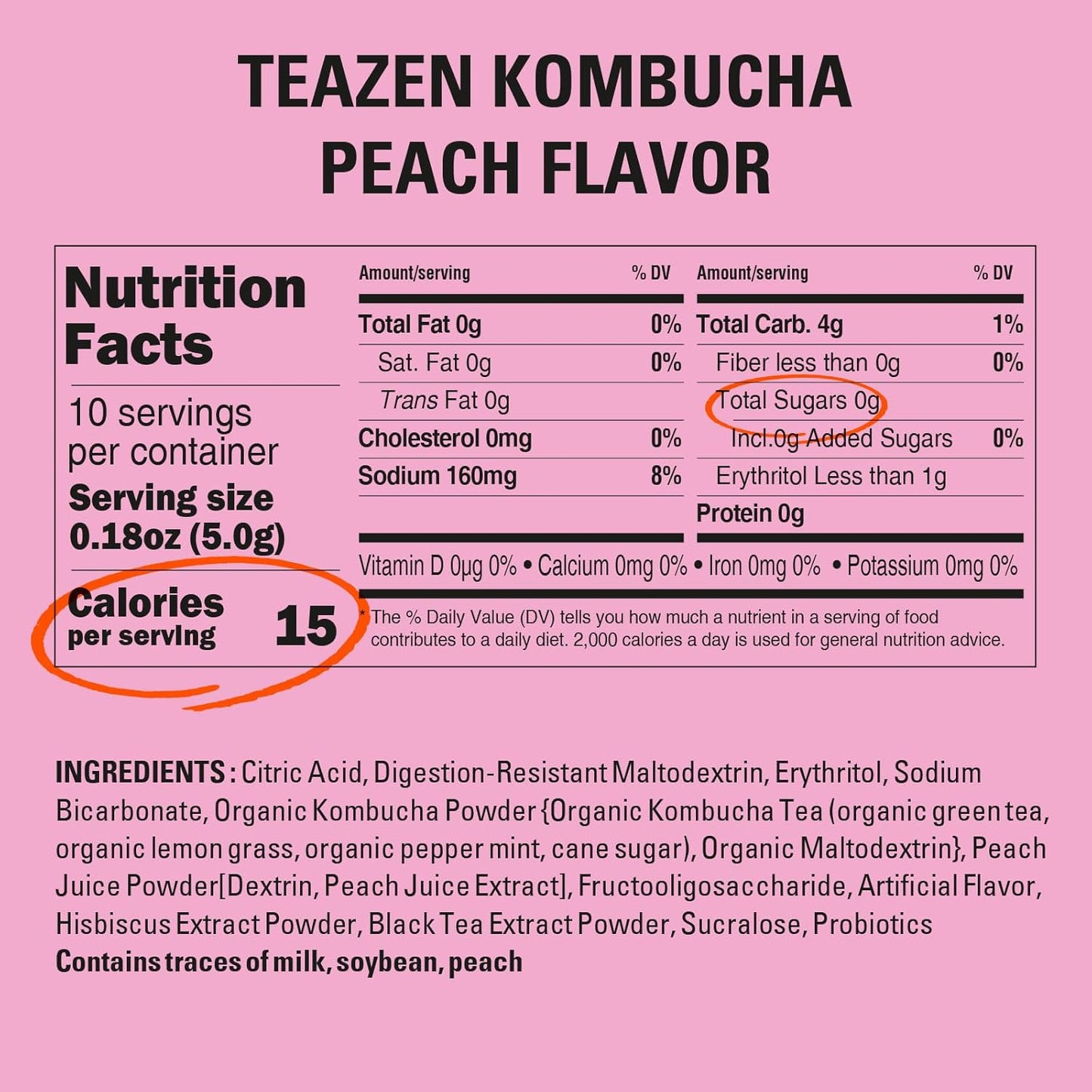 TEAZEN Peach Kombucha Tea, Hydration Drink Mix, Sugar Free, Live Probiotics & Prebiotics, 10 Sticks, 1.76oz