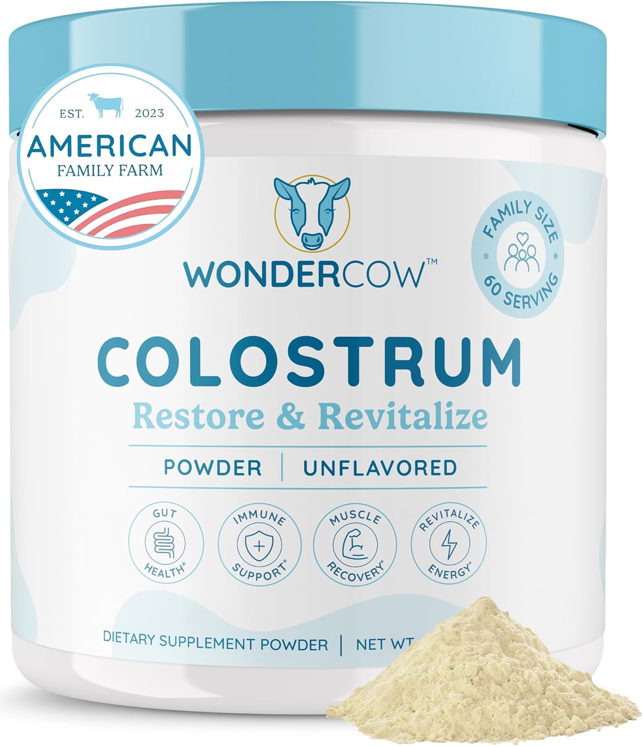 Colostrum Supplement Powder for Gut Health, Immune Support, Muscle Recovery & Wellness | Natural IgG Pure Whole Bovine Colostrum Superfood, Unflavored, 60 Servings
