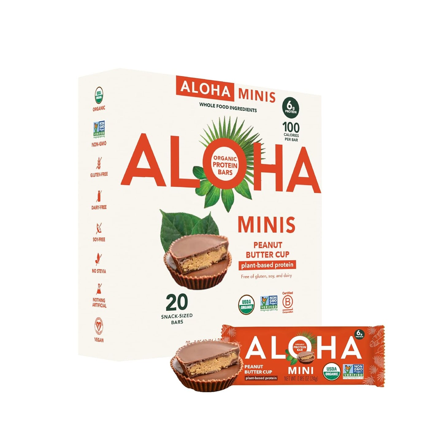 ALOHA Organic Plant Based Protein Bar MINIS |Peanut Butter Cup | 20 Count, 24g Bars | Vegan, Low Sugar, Gluten Free, Low Carb, Non-GMO, Stevia Free, Soy Free, No Sugar Alcohols