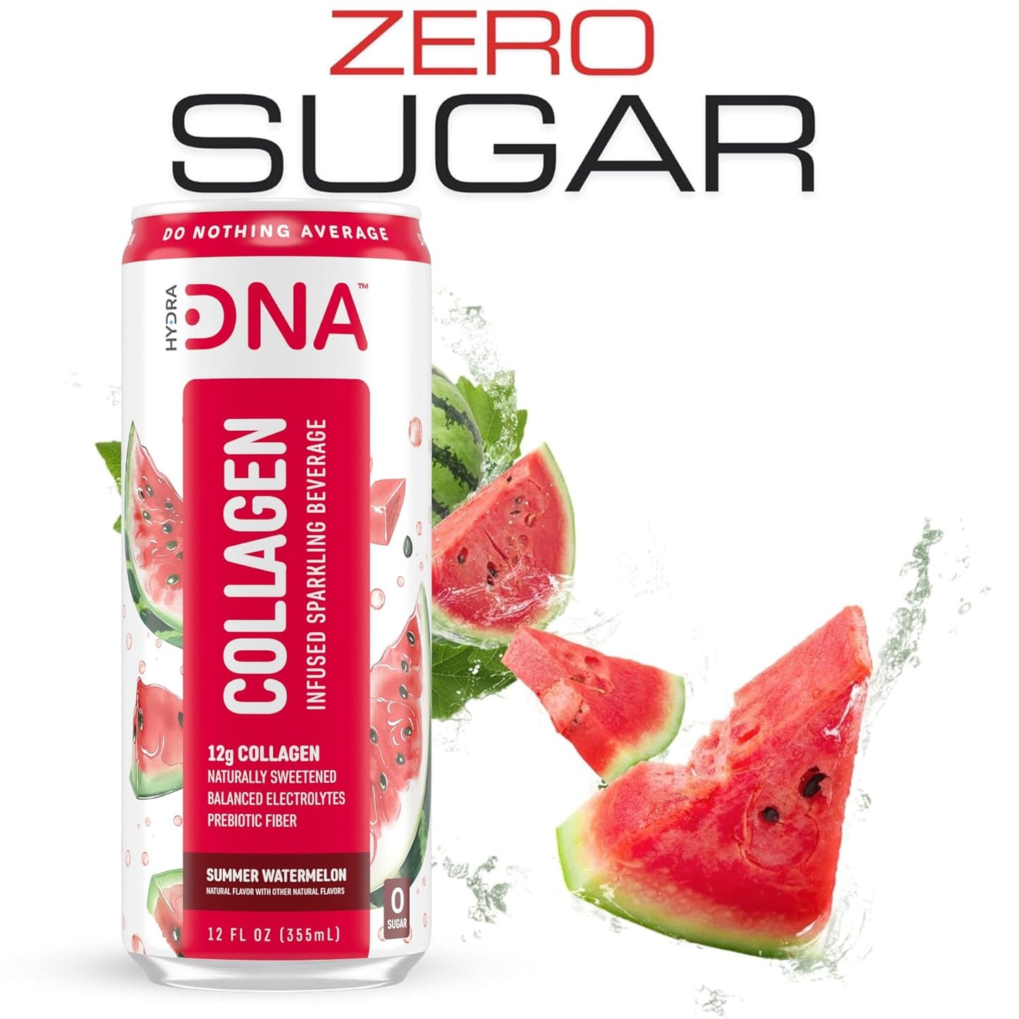 HYDRADNA- Sparkling Liquid Collagen Protein Water Drink Balanced Nutrients for Wellness - Sugar-Free - Keto-Friendly - No Gluten (12 Pack) Watermelon