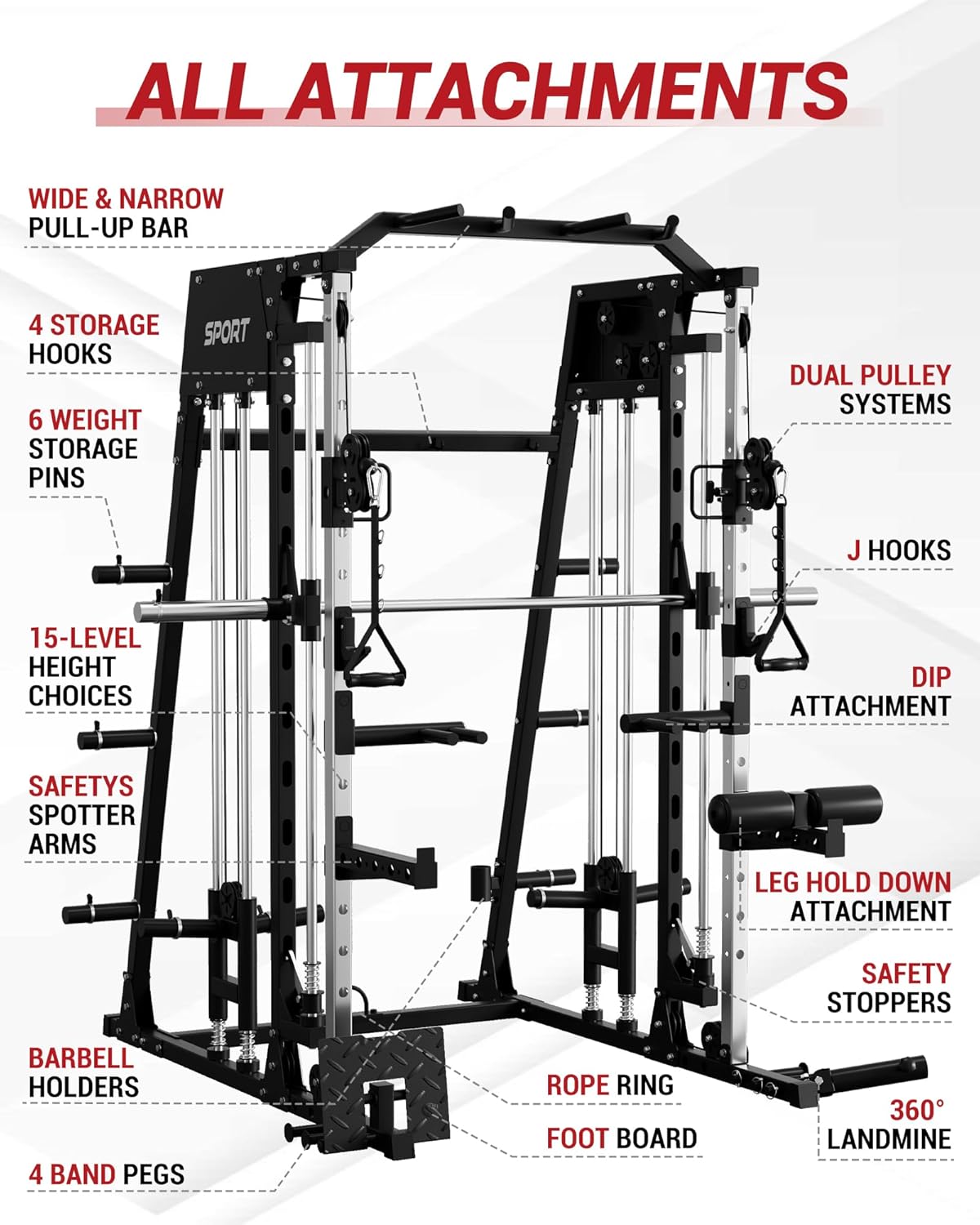 Smith Machine Home Gym, 2200 LBS All in One Squat Rack Power Cage with Smith Bar, Cable Crossover System & LAT-Pull Down System, Training Equipment