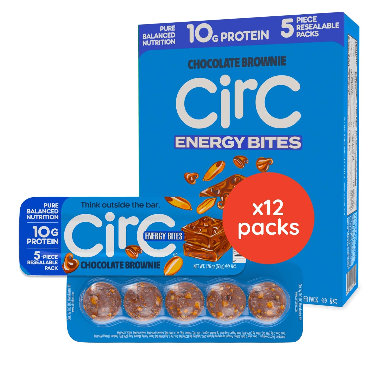 CirC Energy Bites - 12 Pack Chocolate Brownie Gluten Free Protein Balls - 10g Protein, Whole Grains, Nuts & Fruit - Portable Healthy Snacks for Adults & Kids, 5 Piece Resealable Packs
