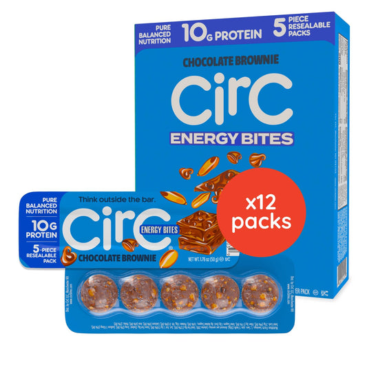 CirC Energy Bites - 12 Pack Chocolate Brownie Gluten Free Protein Balls - 10g Protein, Whole Grains, Nuts & Fruit - Portable Healthy Snacks for Adults & Kids, 5 Piece Resealable Packs