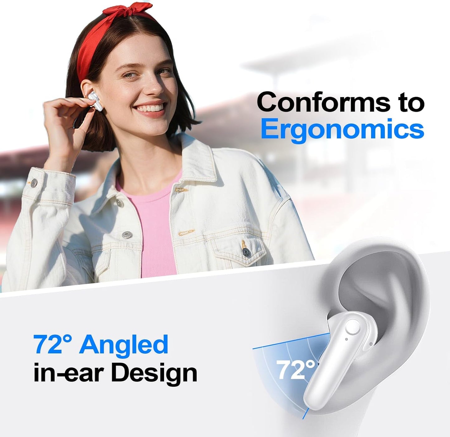 kurdene Wireless Earbuds Bluetooth 5.4 Headphones 60H Playtime Deep Bass Stereo Ear Buds with Mic Comfort Lightweight in Ear Earphones for Workout/Running White