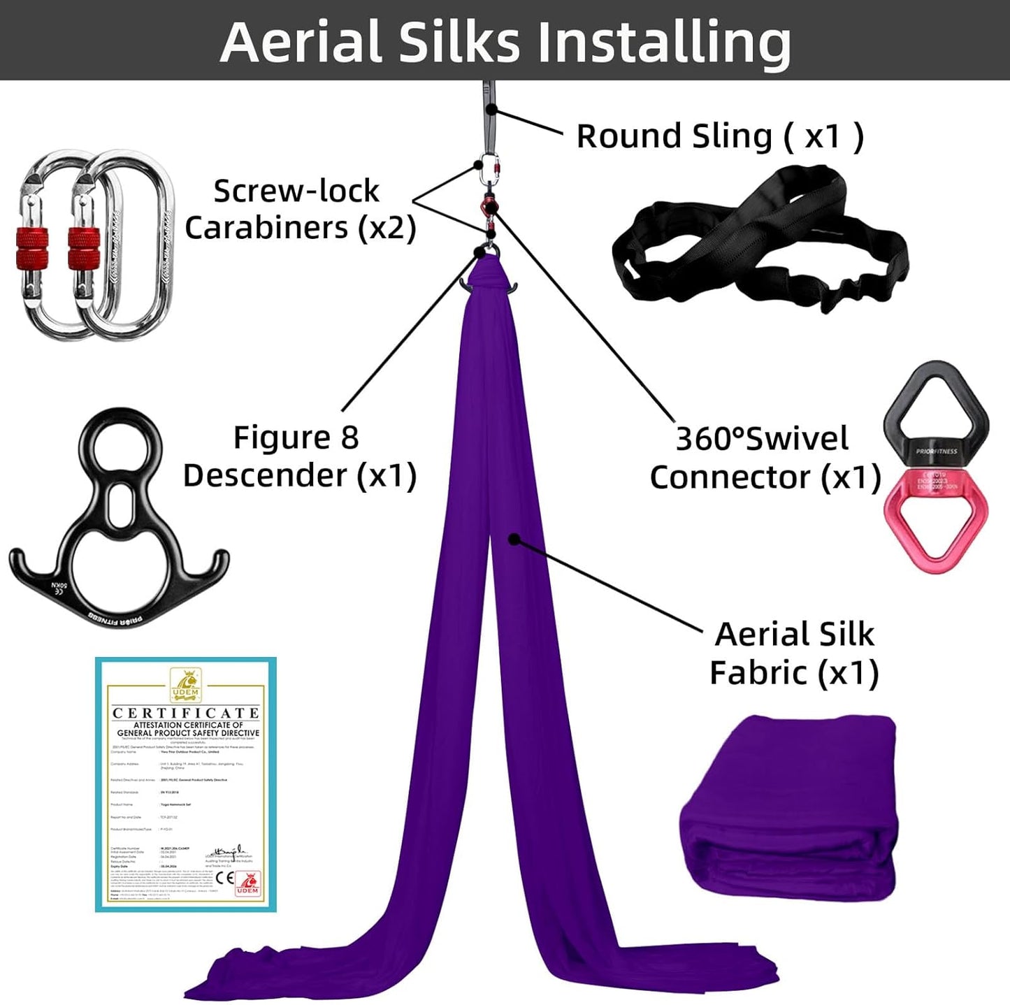 PRIOR FITNESS Aerial Silks Kit Colorful 9/15/20 Yards 40D Nylon Fabric Hammock Set With Hardware & Guide for All Levels Of Aerial Yoga Practice and Acrobatic Flying For Adults Aerial silk