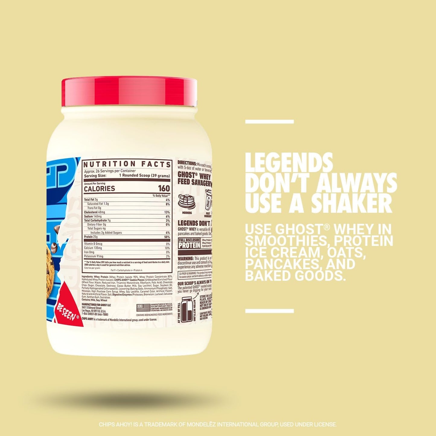 GHOST Whey Protein Powder, Chips Ahoy! - 2LB, 25G of Protein - Whey Protein Blend - ­Post Workout Fitness & Nutrition Shakes, Smoothies, Baking & Cooking - Cookie Pieces Inside