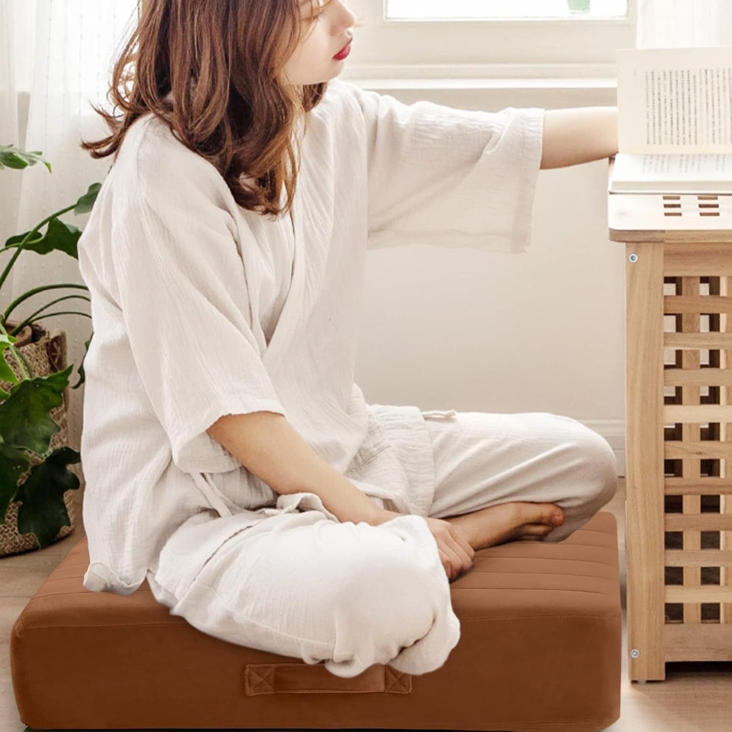 MeMoreCool Square Floor Pillow Seating for Adults Kids, Large Meditation Cushion Floor Pillow with Thick Foam & Soft Tufted Cover, Washable Big Pillow Seat Floor Cushion for Sitting Yoga 24" Coffee