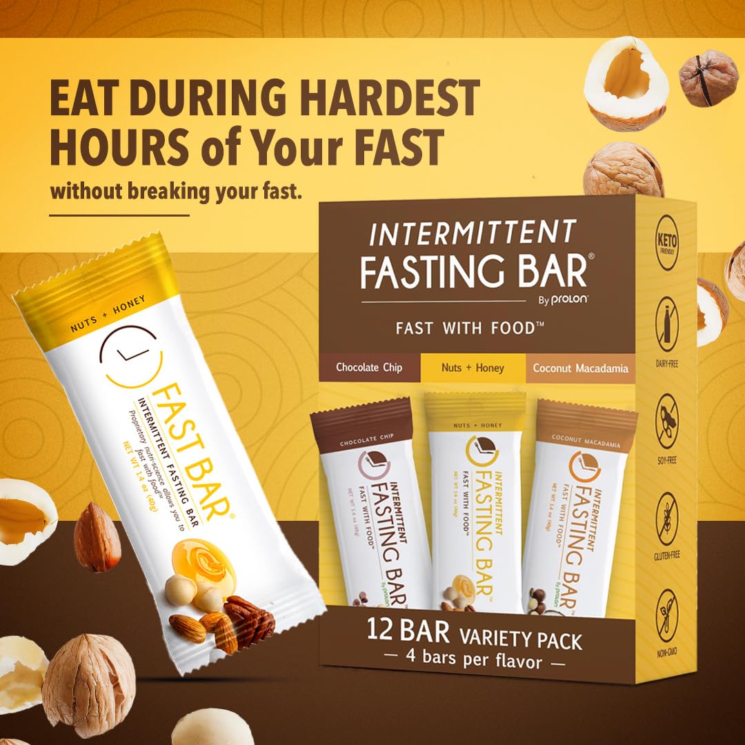 Prolon Fast Bars | Keto, Gluten Free, Dairy Free, Plant Based Protein, For Intermittent Fasting | Developed to Not Break a Fast | Variety Pack | Nuts & Honey, Chocolate Chip, Coconut Macadamia, 12 Ct