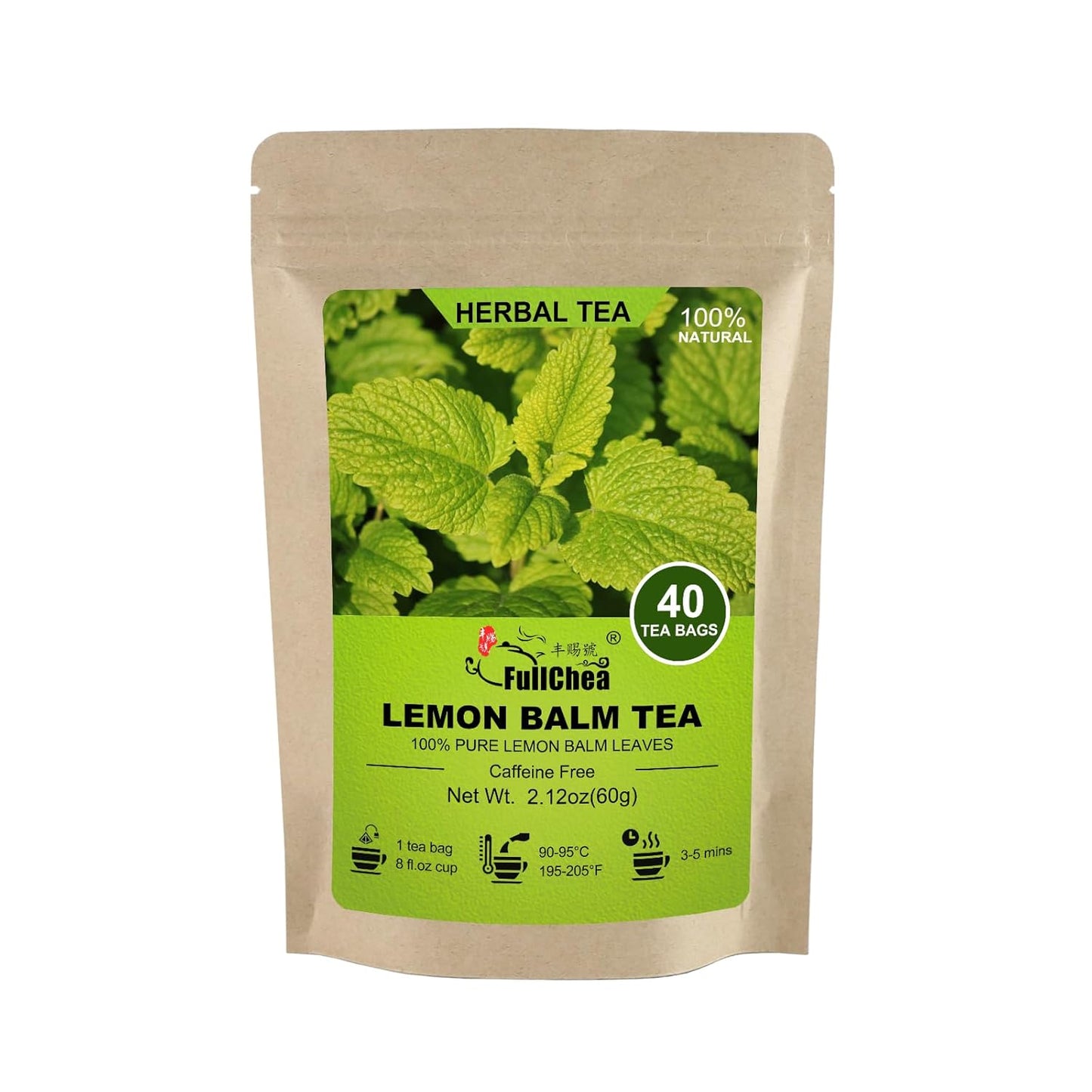 FullChea - Lemon Balm Tea Bag, 40 Teabags, 1.5g/bag - Premium Lemon Balm Herb - Melissa Officinalis - Non-GMO - Caffeine-free - Promotes Relaxation & Support Digestion, 40.0 Count