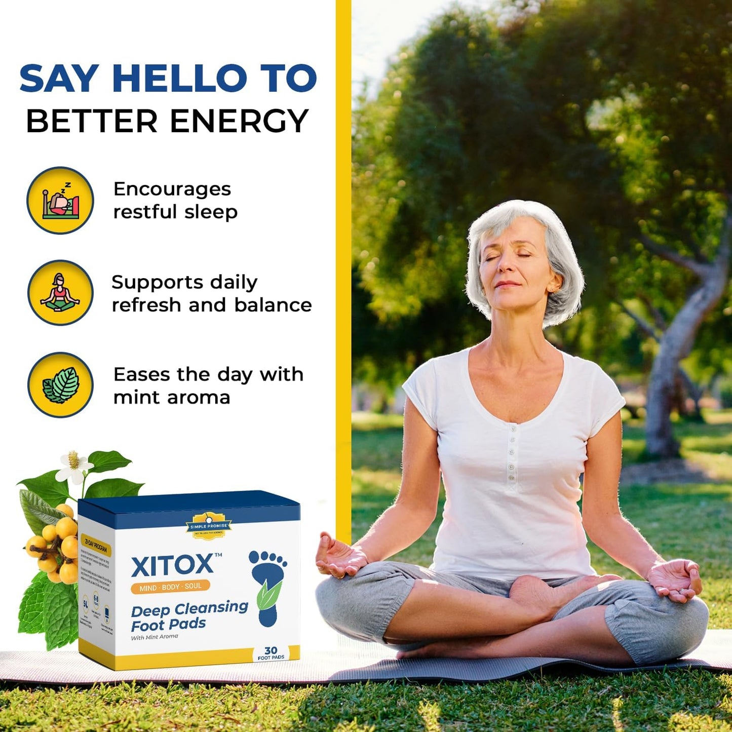 Simple Promise - Xitox Deep Cleansing Foot Pads - Supports Restful Sleep & Helps Remove Tension - Natural Herbal Ingredients for Feet - Comfortable Adhesive & Easy Peel - 30 Foot Patches - Mint Aroma