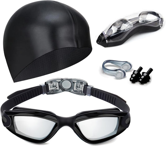 Swim Goggles Swimming Goggles No Leaking with Nose Clip, Earplugs, Swim Cap and Case for Men Women