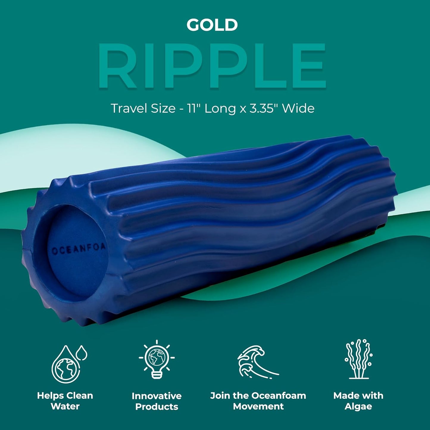 Oceanfoam Ripple Travel Foam Roller (11" x 3.35") Firm Mini Foam Roller for Physical Therapy, Deep Tissue Massage, Back Pain - High Density, Ergonomic Wave Textured - Yoga, Exercise (Royal Blue)