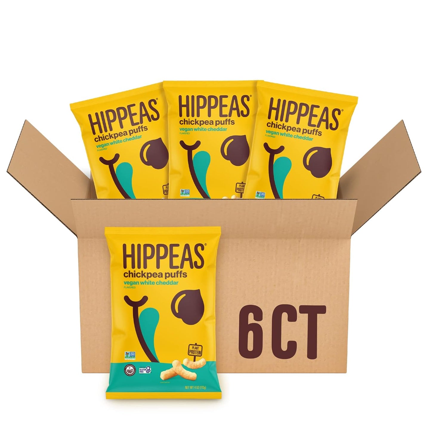 Hippeas Chickpea Puffs, Groovy White Cheddar, 4 Ounce (Pack of 6), 4g Protein, 3g Fiber, Vegan, Gluten-Free, Crunchy, Plant Protein Snacks