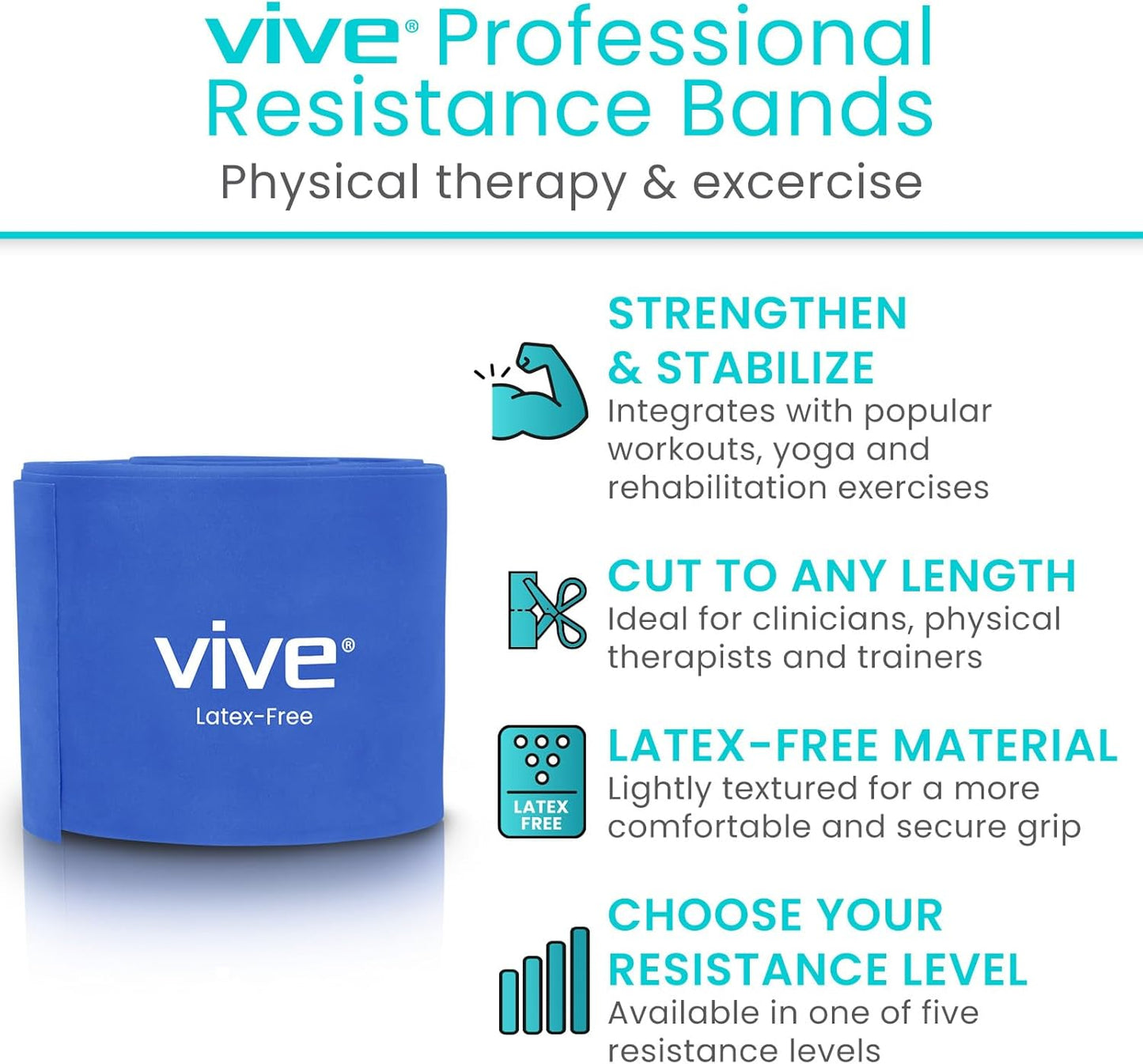 Vive Professional Resistance Bands - 25 Yard Non-Latex Roll for Physical Therapy, Lower and Upper Body Exercise Workout - Straight Elastic for Strength Training, Rehabilitation, Women, Men