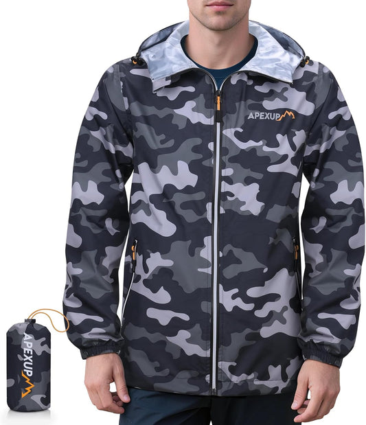 APEXUP Packable Rain Jacket Men with Reflective Zipper, Lightweight Waterproof Raincoat, Mens Rain Jacket for Outdoor Sports