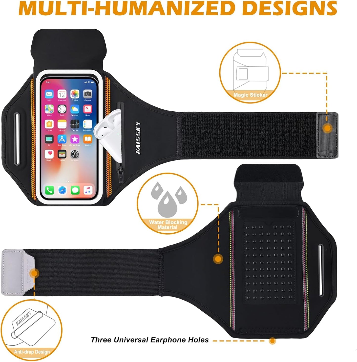 Running Armband with Earphone Bag Cell Phone Armband for iPhone 16 15 Pro 14 Plus 13 11 XR XS, Galaxy S24/S10 Water Resistant Sports Phone Holder Case & Zipper Slot Car Key Holder for 6.9 inch Phone