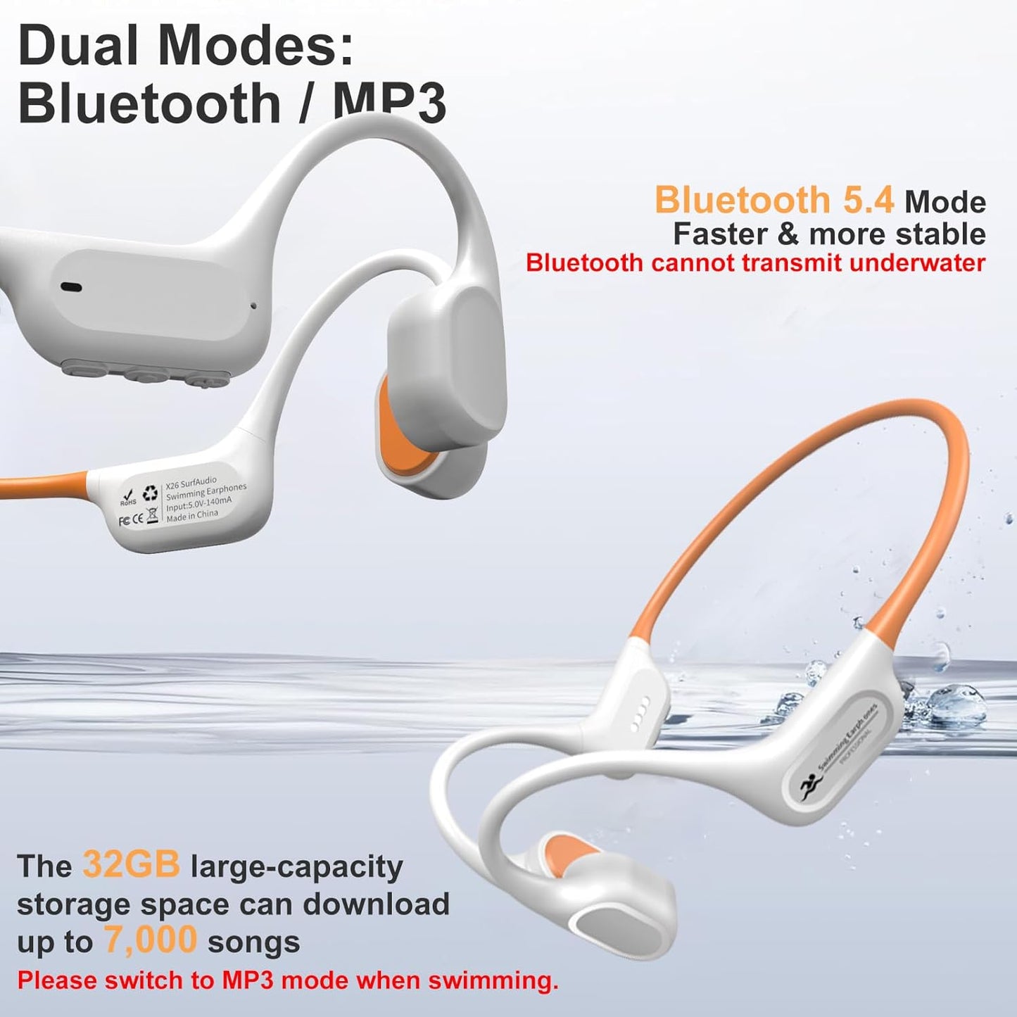 Bone Conduction Bluetooth Headphones-SurfAudio, IP68 Waterproof Swimming Headphones with 32GB MP3 Player, Lightweight Open Ear Design for Swimming/Surfing/Marathon/Cycling((Beige Orange)