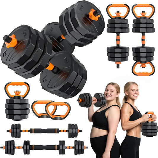 5-in-1 Adjustable Dumbbell Set, 33/44/66/88lbs Free Weights Set with Connector, Used as Kettlebells, Barbell, Push up Stand, Standard 1" Plates, Fitness Exercises for Home Gym Suitable Women/Men