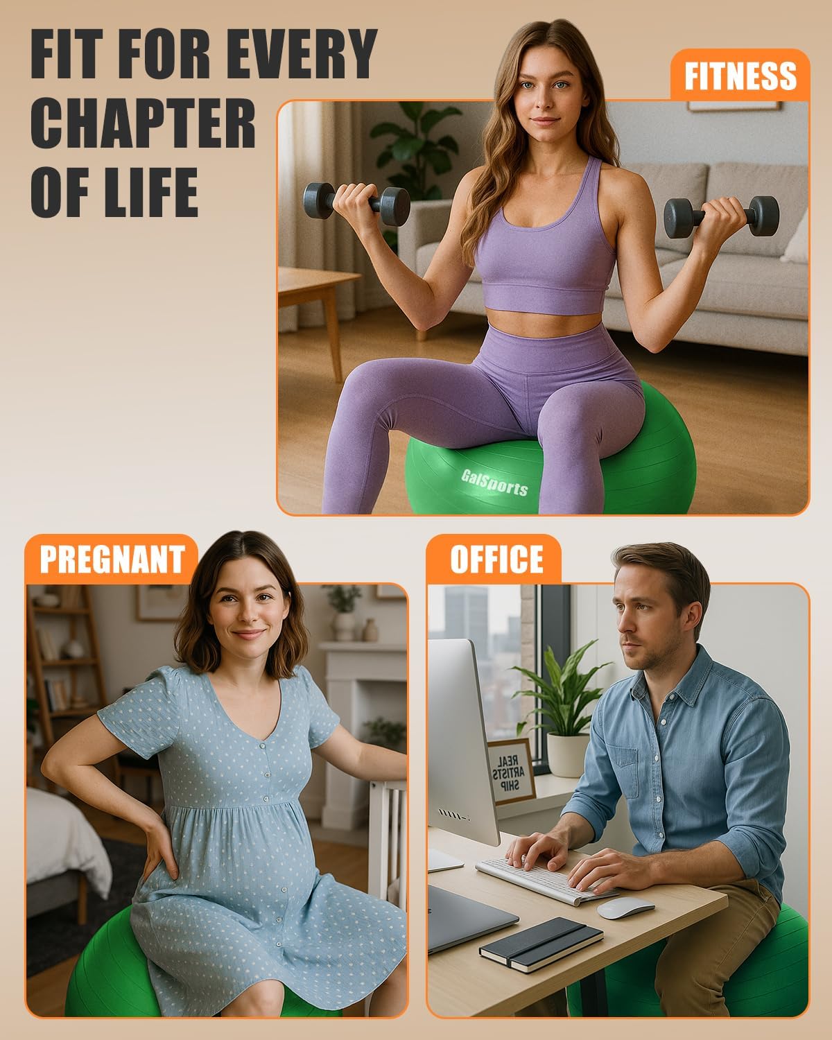 GalSports Anti-Burst Slip Resistant Stability Ball - Swiss Ball for Home Gym & Physical Therapy