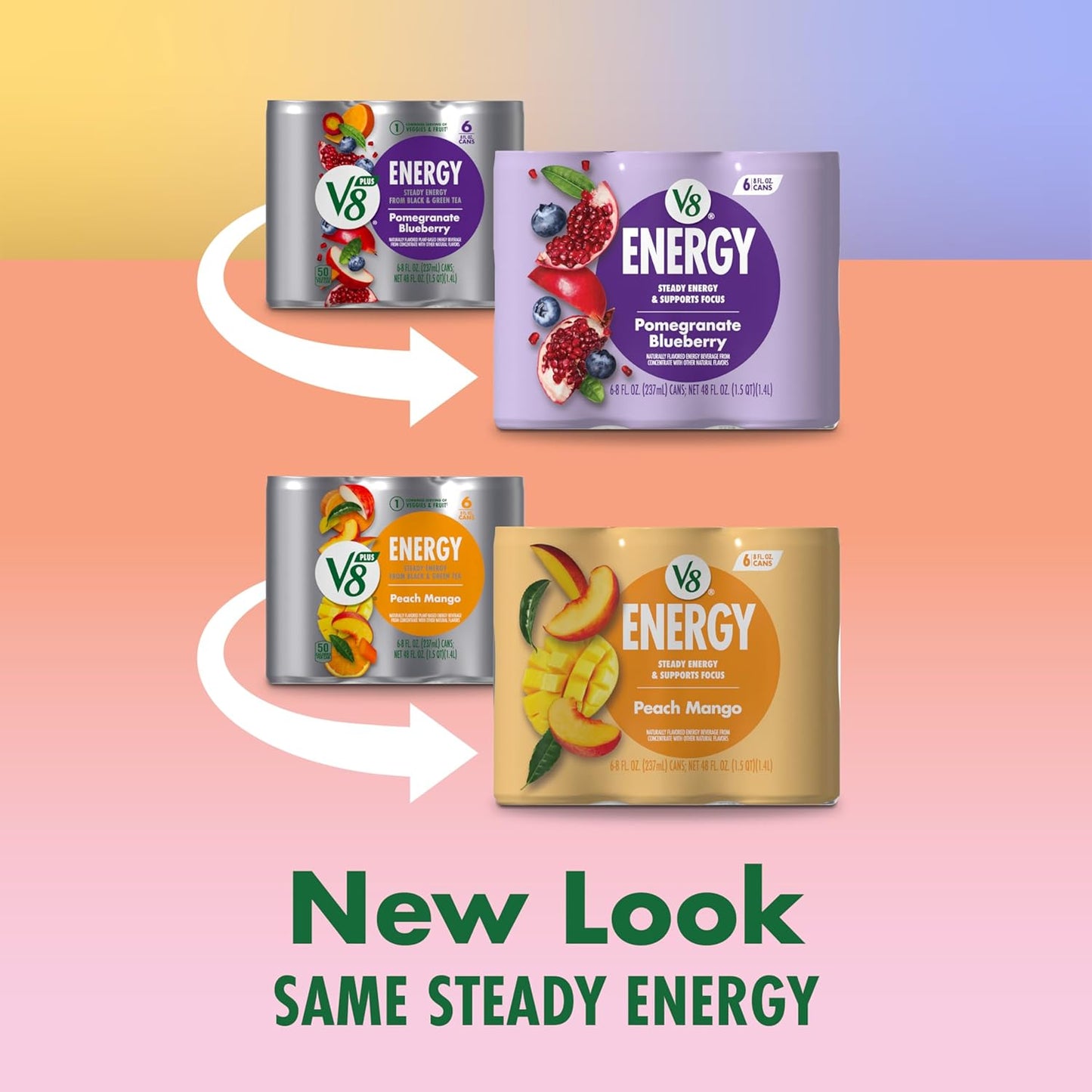 V8 Energy Pomegranate Blueberry and Peach Mango Energy Drinks, 8 fl oz Can (24 Pack)