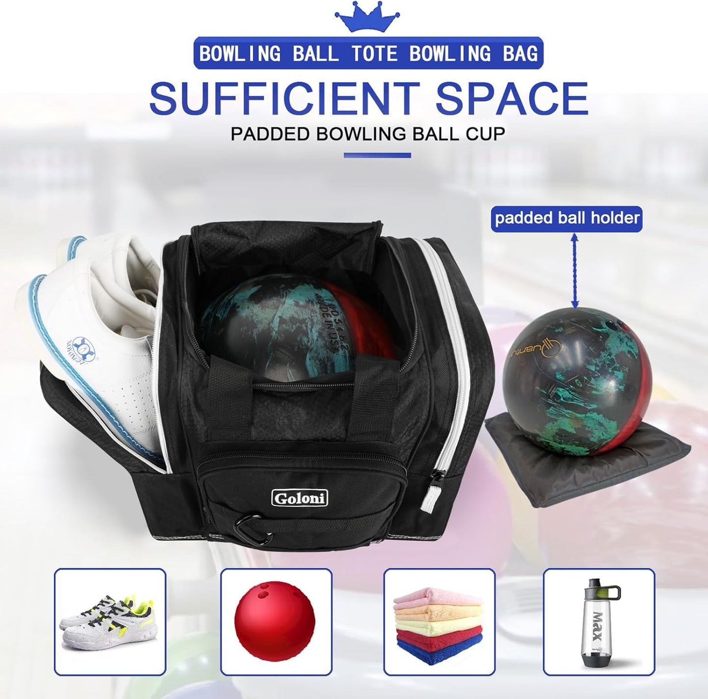 Goloni Bowling Ball Bag for Singer Ball with Padded Ball Holder, 2 Pockets fit Bowling Shoes Up to Mens Size 14 and Accessories