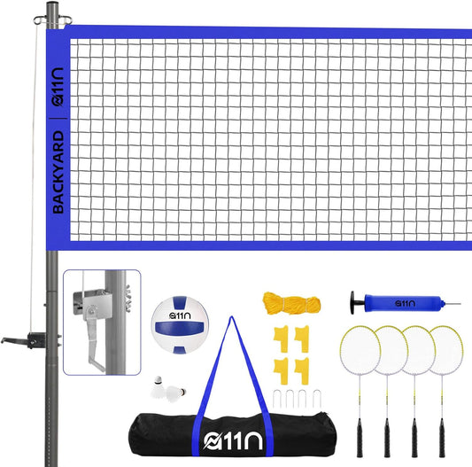 A11N Outdoor Volleyball and Badminton Combo Set - Includes Adjustable Height Anti-Sag Net, Volleyball, Air Pump, 4 Badminton Rackets, 2 Shuttlecocks, Boundary Line Marker, and Carrying Bag