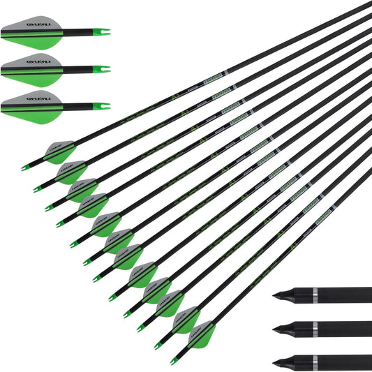 LWANO 32" Carbon Arrows Archery Target Practice Hunting Arrows with Shaft Spine 400 with Removable Tips for Compound & Recurve Bow (Pack of 12)