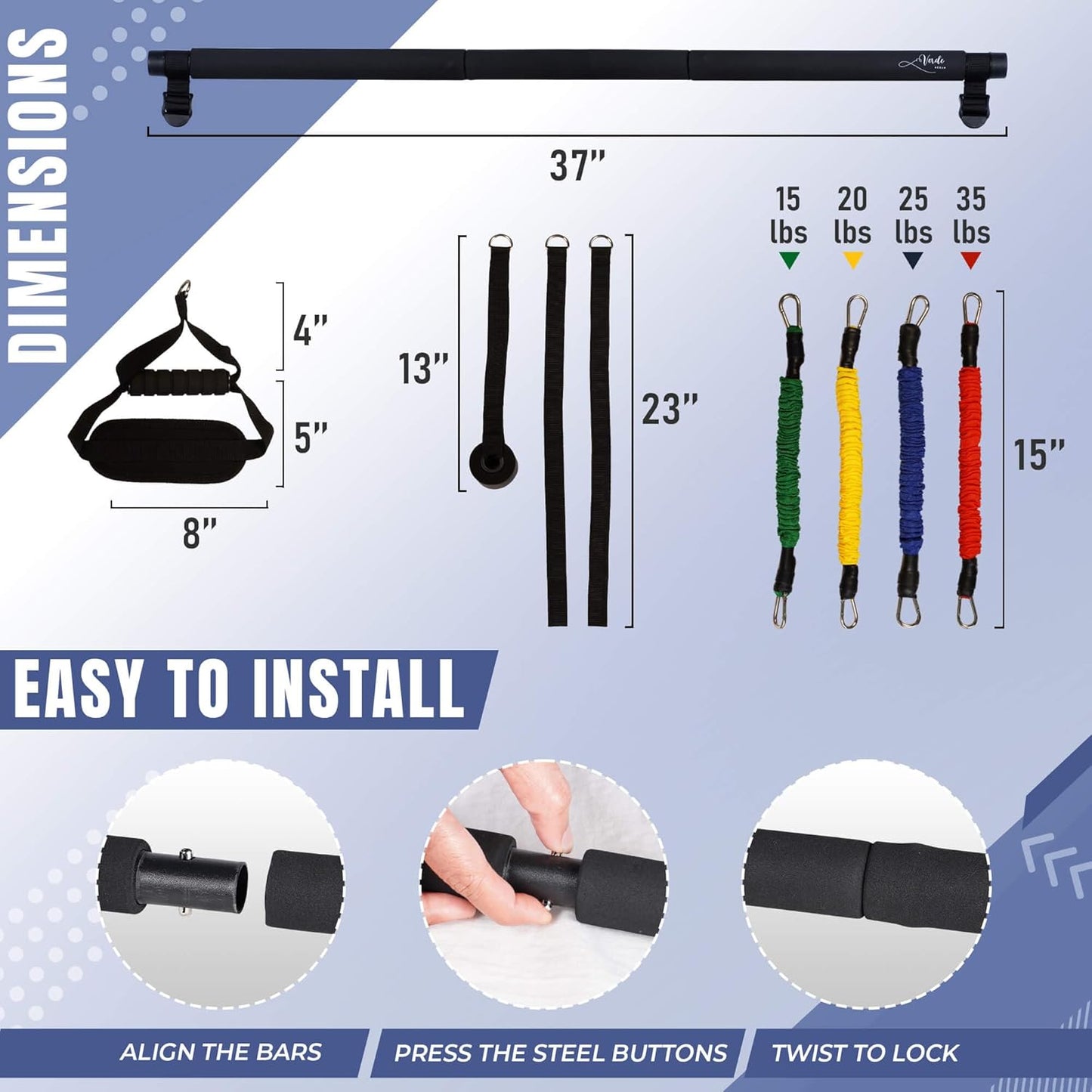 Verde Acqua Pilates Essentials Kit for Short Women with Resistance Bands - Multifunctional Pilates Sculpt Bar - Home Gym Workout Equipment - Includes Exercise Chart for Full Body Workout